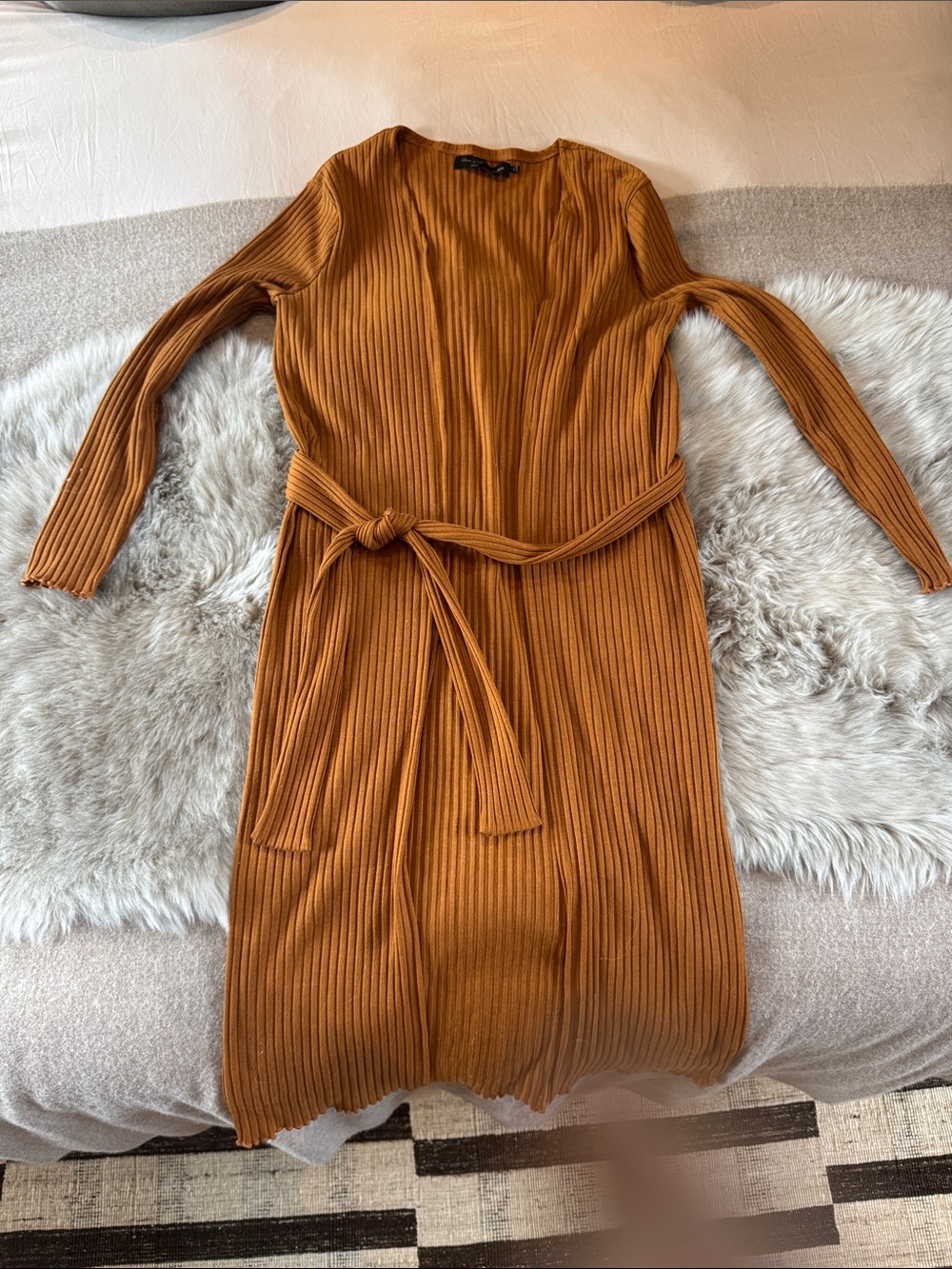 House of Harlow 1960 Ribbed Long Sleeve Belted Dress in Caramel Brown